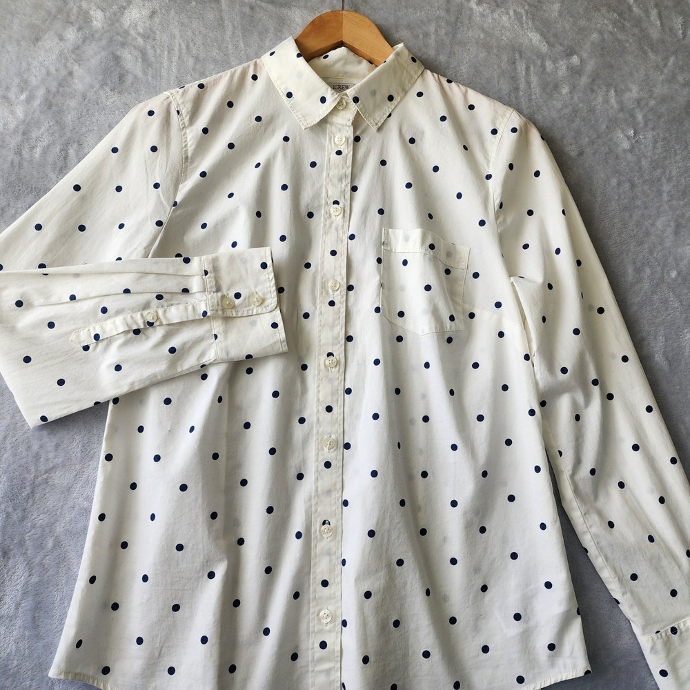 J.Crew Button Shirt Womens Medium Polka Dot Ivory Navy Regenerative Cotton NWT
